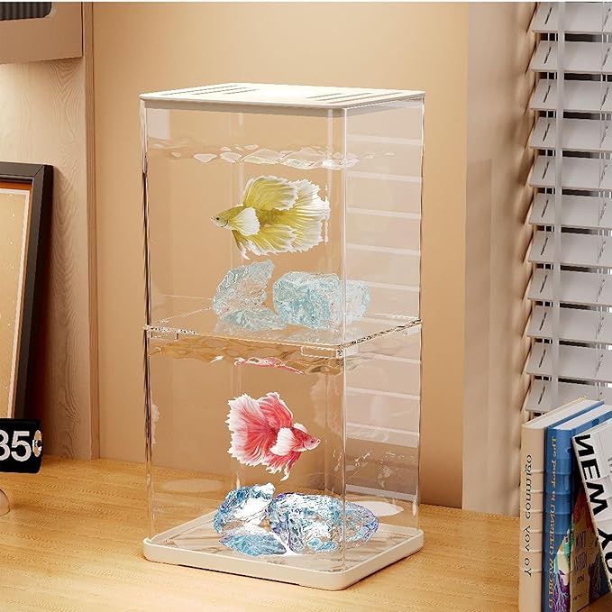 Small Betta Fish Tank, 2-Pack 0.3 Gallon Mini Aquarium with Adjustable Base Light & Gravels & Resin Crystal, Acrylic Fish Bowl for Desk Homes or Offices, Ideal for Beta Fish,Goldfish (White -2 Pack)