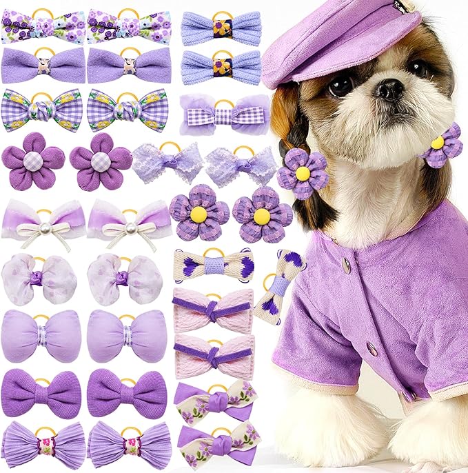Mruq Purple Small Dog Hair Bows with Rubber Bands, Mix Handmade Cute Gooming Flower Ball Bows for Holiday Daily Accessories