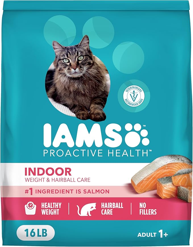 IAMS Proactive Health Dry Cat Food, Indoor Weight and Hairball Care Cat Food Dry Recipe, with Salmon, 16 lb. Bag