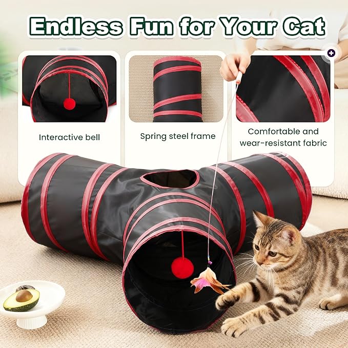 Love’s Cabin Cat Tunnel for Indoor Cats, 3-Way Collapsible Play Tunnel with Teaser Wand, Peek Holes & Toy Ball, Small Pet Toy for Kittens & Rabbits, Black & Red, Small Size