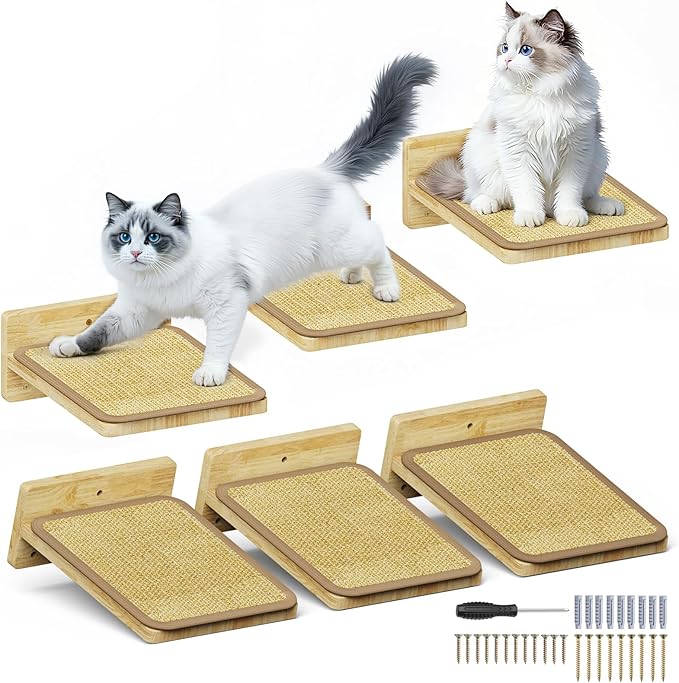 3Pcs 10"×8" Cat Wall Steps - Cat Stairs for Wall, Ladder Natural Wood with Fixtures,Turn Around or Climbing or Playing for Kittens and Adult Cats