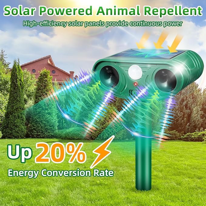 2026 Upgraded Solar Ultrasonic Animal Repellent Deer Repellent Devices Cat Deterrent Outdoor with Motion Sensor Animal Dog Deterrent Keep Raccoon Squirrel Rabbit Away from Yard Lawn Garden 4 Pack