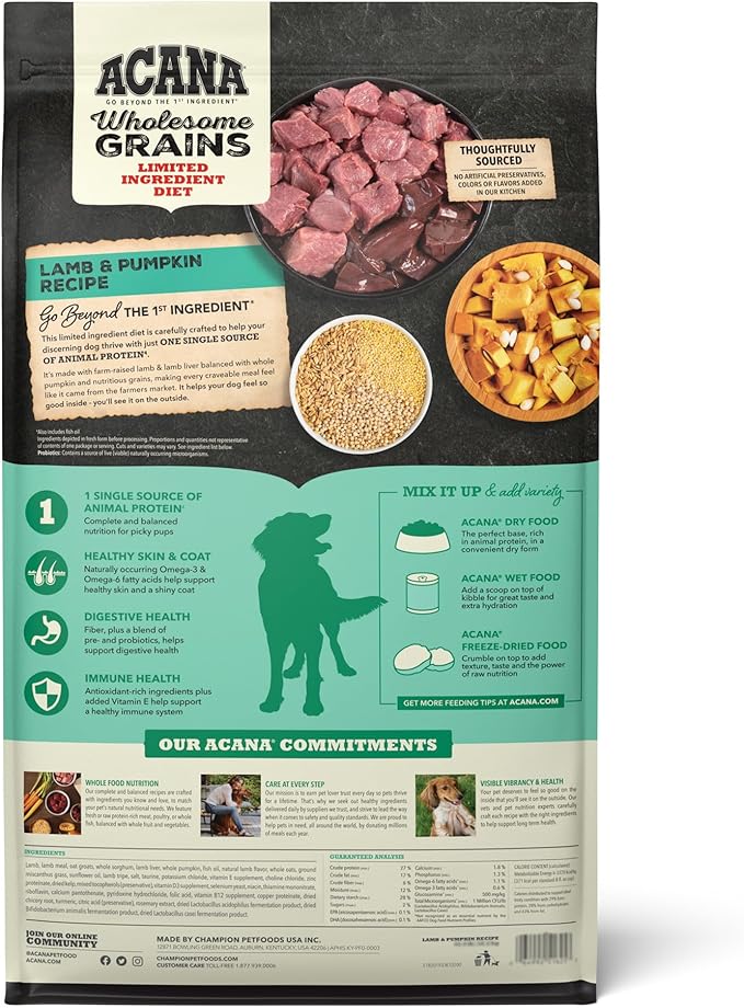 ACANA Wholesome Grains Dry Dog Food Limited Ingredient Lamb & Pumpkin Recipe 4lb Bag