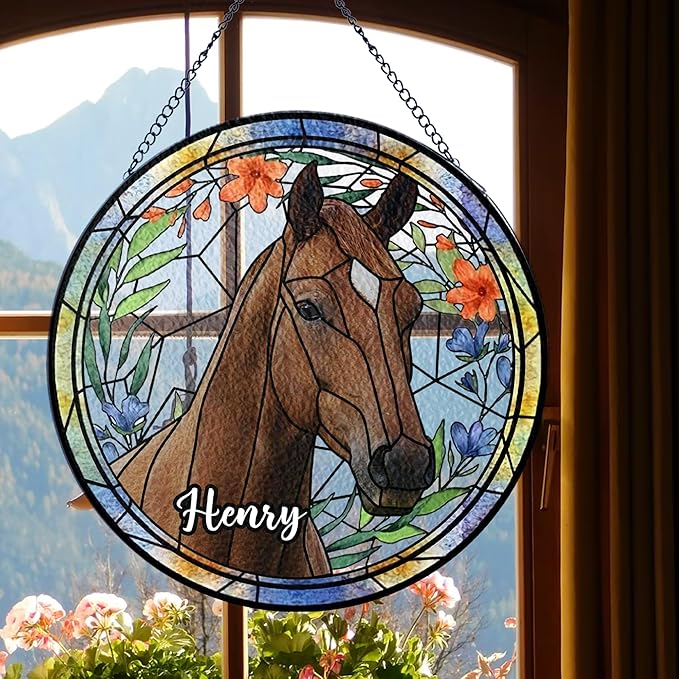 Lovely POD Personalized Horse Stained Glass Suncatcher with Photo, Custom Name Horse Ornament Window Hanging, Home Decor Gifts for Pet Day, Christmas, Memori, Sympathy Gift for Loss of Horse