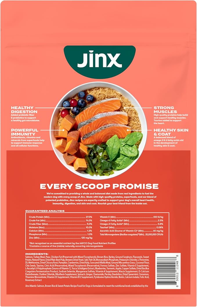 Jinx Premium Dry Dog Food, for All Life-Stages - Real Salmon, Brown Rice & Sweet Potato Kibble with Superfoods for Immune Support & Probiotics for Digestive Support - No Fillers – 4lb (Pack of 2)