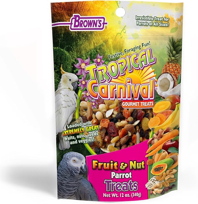 Tropical Carnival Brown’s Gourmet Large Hookbill Food & Fruit & Nut Parrot Treat Bundle – Vitamin-Fortified Daily Diet & Reward Mix for Parrots, Cockatoos & Large Hookbills Over 13in Tall – 10 lb + 1