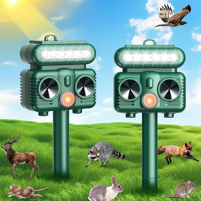 2 Pack Solar Cat Repellent Outdoor, Solar Ultrasonic Animal Repellent Outdoor with Motion Detection, Flashing Light Deer Deterrent Device to Repel Dog Squirrel Rabbit Raccoon Skunk for Yard Farm