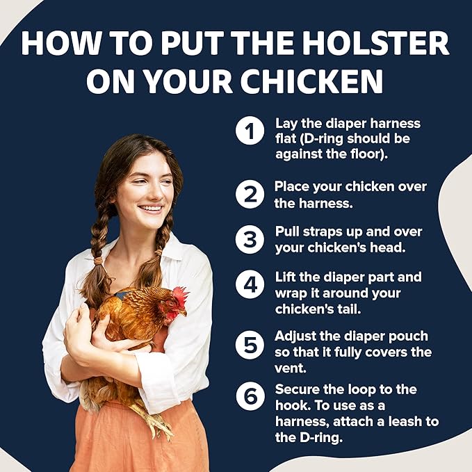 Hen Holster Wrap-Around Bird Diaper & Harness for Hens, Roosters, Ducks, Geese - with Removable Vinyl Liner, Adjustable Fit for Outdoor Adventures & Indoor Use - Easy to wear - Large, Denim