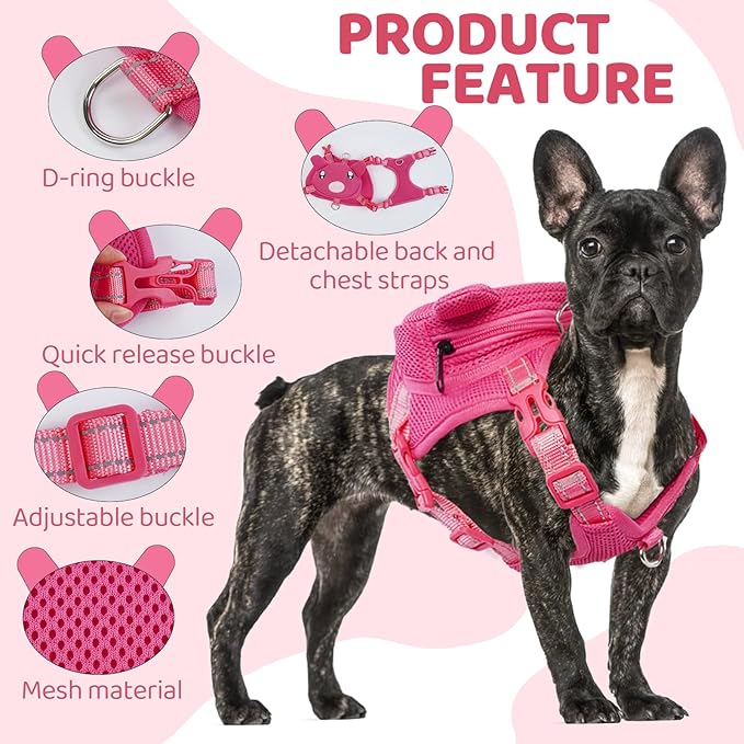 Dog Harness with Backpack, Adjustable Dog Backpack Harness for Small Medium Dogs, No-Pull Breathable Backpacks for Dogs to Wear, for Traveling, Hiking, Camping, Training, Pink XS