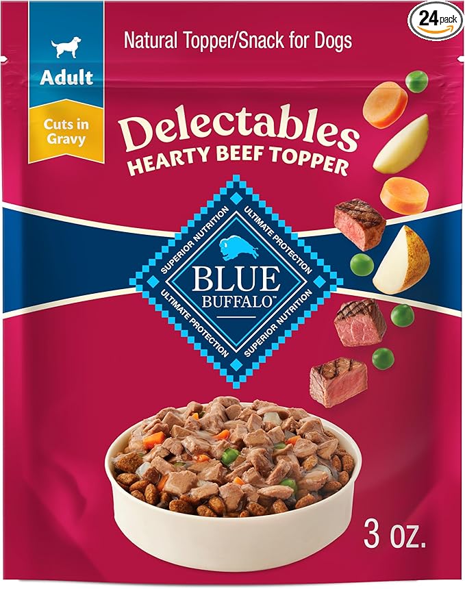Blue Buffalo Delectables Natural Wet Dog Food Toppers, Hearty Beef Cuts in Gravy, 3-oz (24 Pouches)