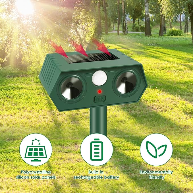 Solar Ultrasonic Racoon Cat Repellent Outdoor Deer Repellent Devices Sonic Fortress Pro Animal Rabbit Repeller Squirrel Deterrent with Motion Sensor to Keep Dog Fox Skunk Out of Garden Yard(4Pack)