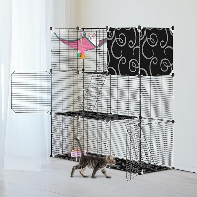 3-Tier Cat Cage, Indoor Cat Enclosures with Hammock Toy Bal Ladders, DIY Cat Playpen Detachable Metal Wire Kennels Kitten Crate Cats House Large Exercise Place for 1-2 Cats/Kitten, 42"x14"x42"