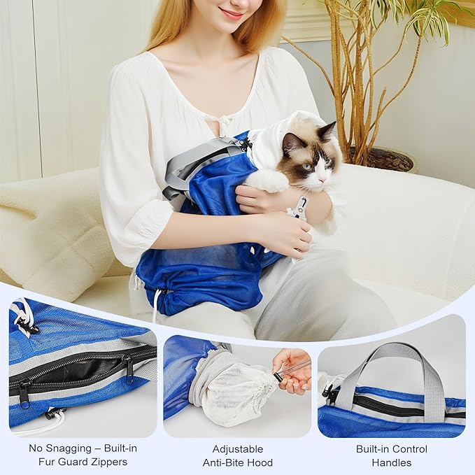 Cat Bathing Bag Anti Scratch Bite Breathable Mesh - Adjustable Cat Grooming Bag for Nail Trimming, Injections, Medication, Dental Care, Vet Visits, Cats Shower Bag with Zippers,Blue