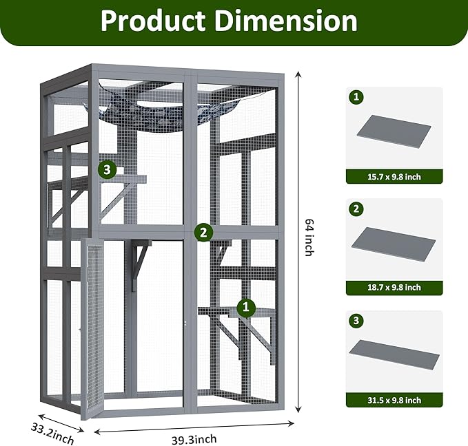 64 Inch Catio Outdoor Cat Enclosure, Large Cat House for Outdoor Cats with Updated Framework Structure, Outside Cat Patio Cattery Weatherproof for Multiple Cats, Grey