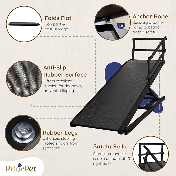Dog Ramp for Bed with Safety Rails for High Beds up to 37" – Extra Wide 19.5" Adjustable Dog Bed Ramp for Large Dogs up to 200 lbs – Solid Birchwood, Non-Slip Rubber Surface, Foldable Design – Black