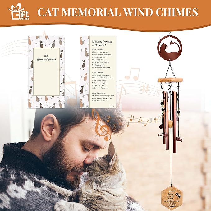 Cat Memorial Wind Chime, 24 Inch Pet Sympathy Wind Chimes for Outdoor Garden Patio Porch Decoration
