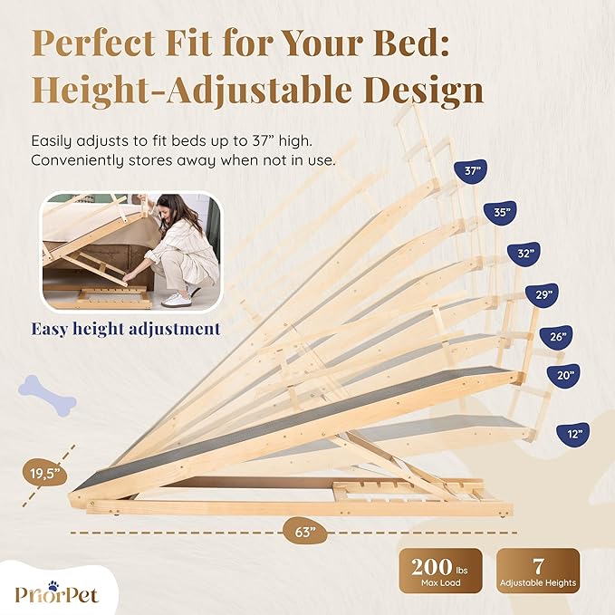 Dog Ramp for Bed with Safety Rails for High Beds up to 37" – Extra Wide 19.5" Adjustable Dog Bed Ramp for Large Dogs up to 200 lbs – Solid Birchwood, Non-Slip Rubber Surface, Foldable Design – Natural