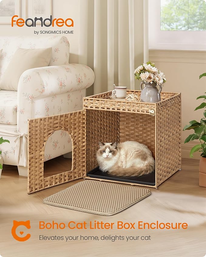 Feandrea Cat Litter Box Enclosure, Handwoven Rattan Hidden Litter Box Furniture with Extra Mat, Removable Washable Tray, Boho Cat House, End Table, Goose Yellow UPCL024YE01