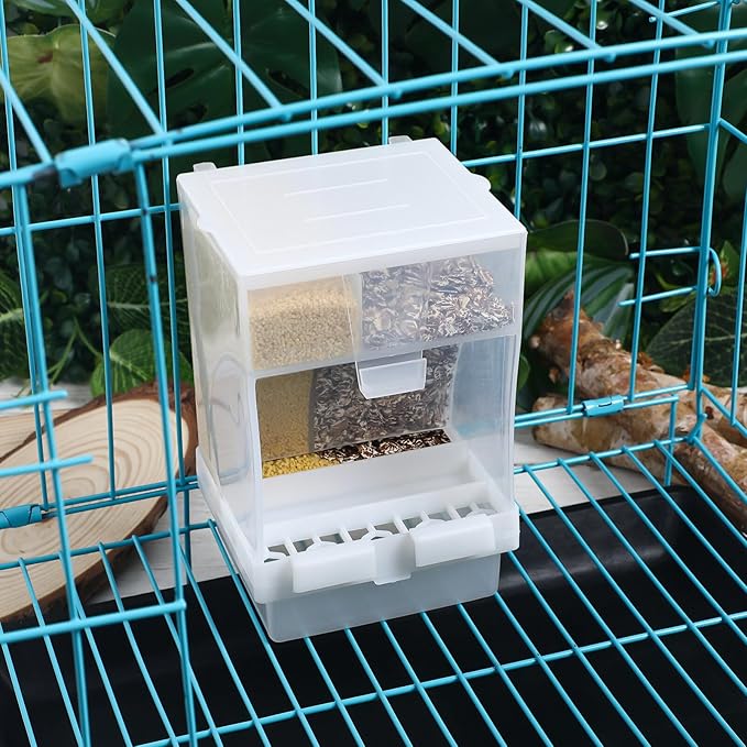 POPETPOP Automatic Bird Feeder for Cage: Parrot Feeder with Spoon No Mess Bird Feeder Transparent Parakeet Feeder Bird Food Dispenser for Cockatiel Cockatoos, 16.50X10.60X10.00CM