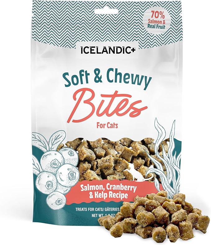 Icelandic+ Soft & Chewy Bites - Salmon, Cranberry & Kelp - 1.8oz Cat Treats, 70% Meat & Fruit, Air-Dried, Limited Ingredients, Pet Snack, Grain Free
