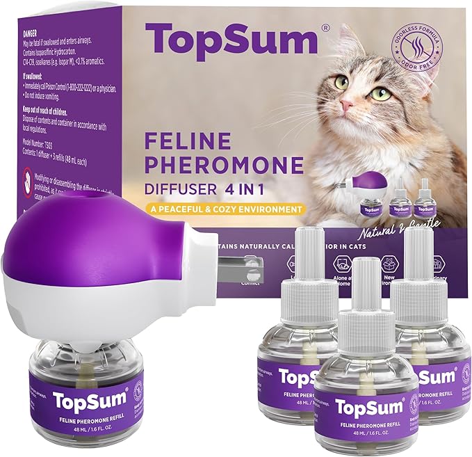 TopSum Cat Pheromones Calming Diffuser: 1 Diffuser & 3 Refills Top Value Kit Cat Calming Diffuser – Helps Reduce Scratching Peeing Meowing Hiding Urine Marking Aggression