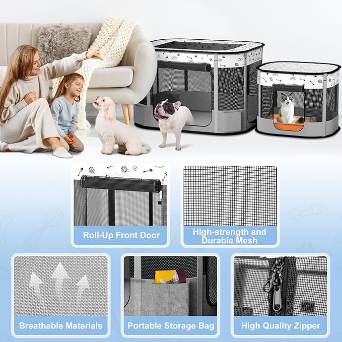Portable Cat Playpen, Foldable Pet Dog Playpen, for Kitten Puppy Play Pen Indoor/Outdoor, Cats Enclosure Cages Tent with Carrying Case, 600D Oxford 8-Rods, 32"x24"x22", Grey