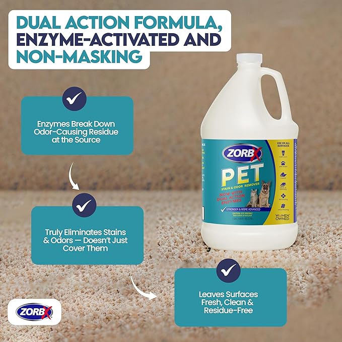 ZORBX Pet Stain and Odor Remover 128 FL Oz - Dual Action Pet Odor Solution for Carpet, Furniture, Dog & Cat Urine