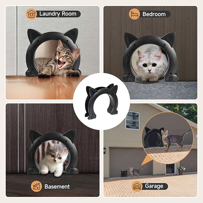 Cat Door Interior Door for Kitties, Pet Door for Hollow Door, Kitty Door, Indoor, Secured Installation in Minutes, No-Flap（Black）