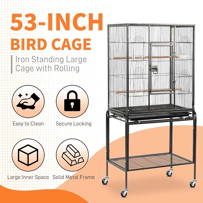 VINGLI Bird Cage with Wheels, Durable Wrought Iron Parakeet Cage with Slide Out Tray, Black Bird Cages for Parakeets/Lovebird/Cockatiels/Budgies and Other Small/Medium Birds (Large-53 inch)