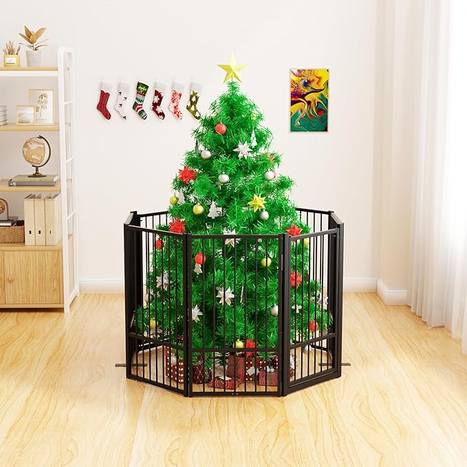 Full Metal Freestanding Dog Gate with Door, 32''Height Foldable Pet Dog Fence for Indoor & Outdoor, 8 Panels Extra Wide Free Standing TallDog Gates for Doorways,House,Stairs,Porch,Deck,Yard