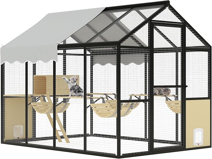 Large Outdoor Cat Enclosure for Multiple Cats - Weatherproof Catio with UV Cover, Platform & Side Door