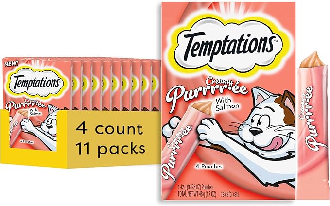 Temptations Creamy Puree Squeezable Lickable Cat Treats, Wet Cat Treats with Salmon, 0.42 oz. Tubes, 4 Count, Pack of 11 (44 Total)