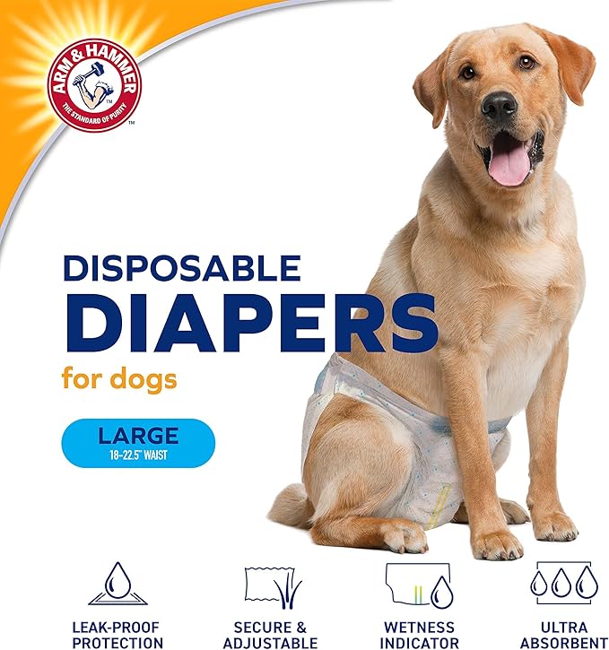 Arm & Hammer for Pets Disposable Female Dog Diapers with Odor Control and Wetness Indicator, Leak Resistant Dog Diapers for Incontinence and Heat Cycles, Size Large 18–23 in Waist, 12 Count