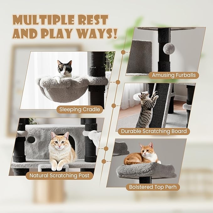 SHA CERLIN 68 Inches Multi-Level Large Cat Tree for Large Kitties/Big Cat Tower with Condo/Cozy Plush ‌Pussycat Perches/Sisal Scratching Posts and Hammocks/Activity Center/Black & Grey