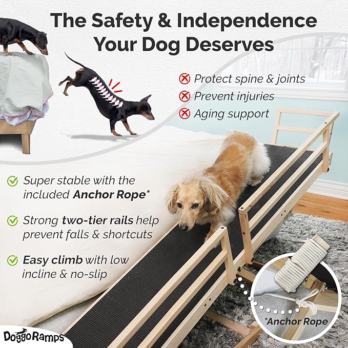 Dog Ramp for Bed, by DoggoRamps – Solid Hardwood Dog Ramp for High Beds (Adjustable up to 37" Tall) with Side Rails & Non-Slip Grip – Ramps for Small Dogs Like Dachshunds – 100% Made in North America