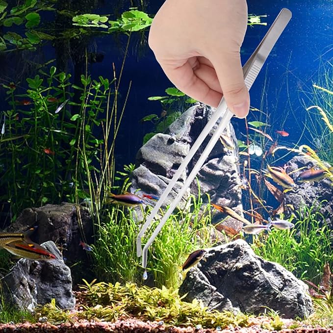 POPETPOP Stainless Steel Curved Tip Aquatic Plant Tweezers for Fish Tank Ergonomic Design for Easy Trimming of Foreground Plants Resistant Tongs for Aquarium Use