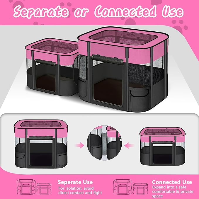 Portable Cat Playpen with Separate Areas, 2-in-1 Puppy Playpen & Cats Cage, Foldable Pet Tent for Indoor and Outdoor Use, Collapsible Tent Kennel Cage House(35.4"x27.6"x27.6" Pink & Black)