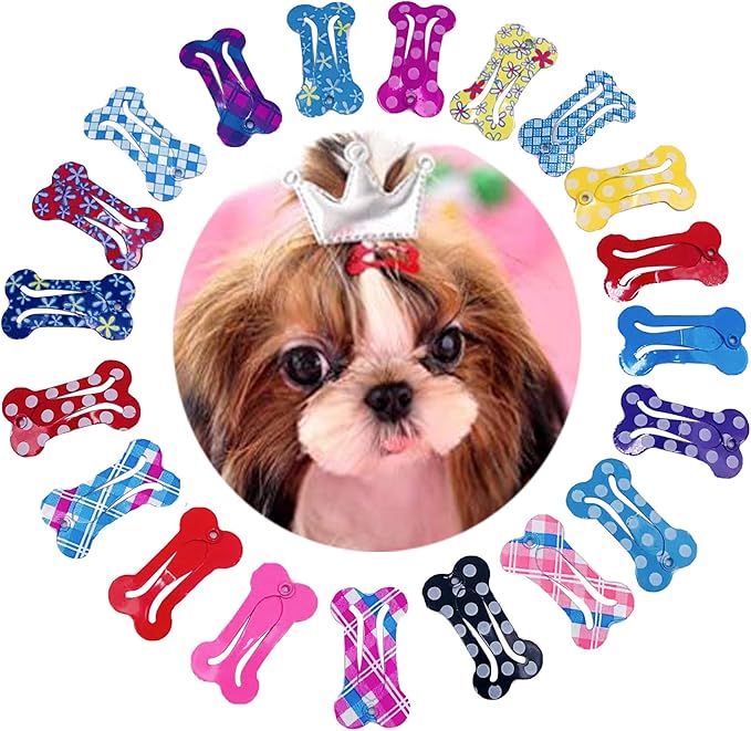 PET SHOW Cute 1" Small Bone Snap Hair Clips Pet Grooming Products Dog Cat Puppy Hair Accessories Random Color Pack of 20