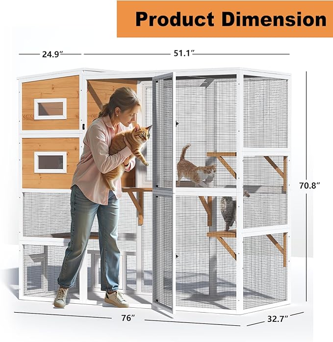 Large Indoor Cat Catio, 4 Tier Outdoor Cat Enclosures House for Cats with Waterroof Roof, 3 Resting Rooms, 3 Platforms, Cats Catio Connect to Window with 2 Large Door, Feral Pet Shelter, White