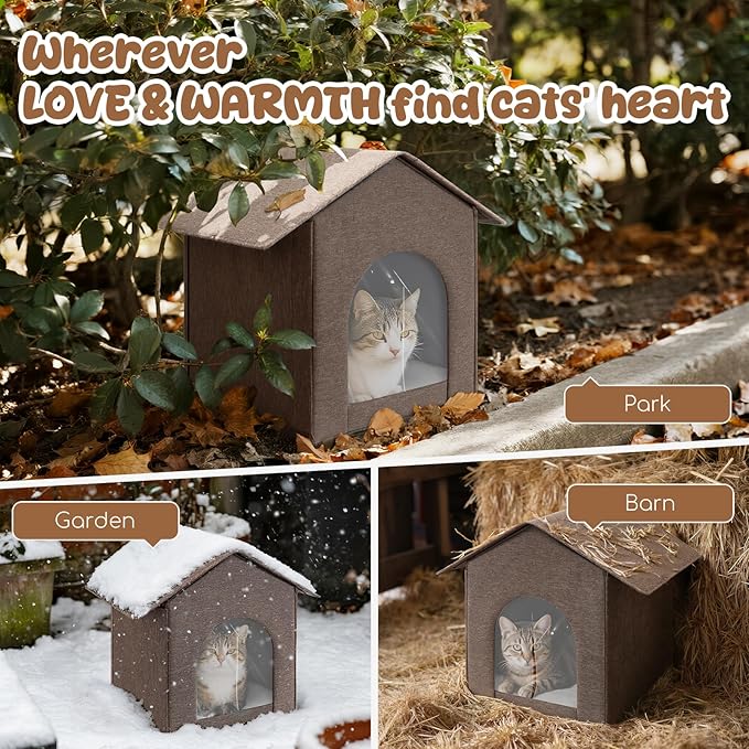Outdoor Cat House Weatherproof, Insulated Cat Dog Houses for Outdoor/Indoor Cats for Winter, Waterproof Feral Stray Cat Shelter with Door Curtain and Warm Cushion, Easy to Assemble, Brown
