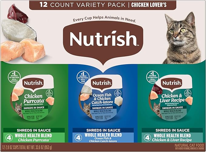 Nutrish Grain Free Chicken Lover's Whole Health Blend Variety Pack Wet Cat Food, 2.8 oz. Cup, 12 Count (Rachael Ray)