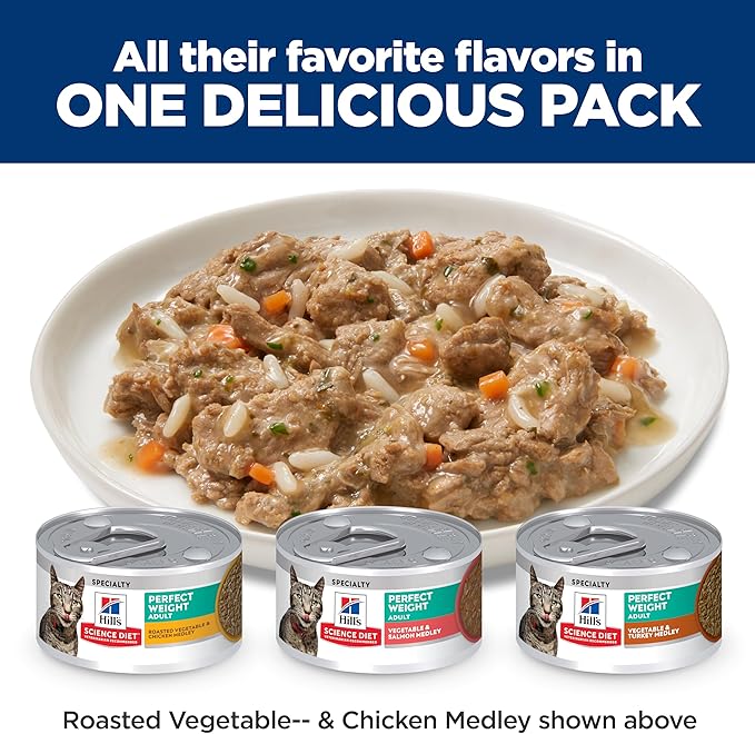 Hill's Science Diet Adult 1-6 Perfect Weight Wet Cat Food, Variety Pack: Vegetable Chicken, Turkey, & Salmon, 2.9 oz. Cans, 12-Pack