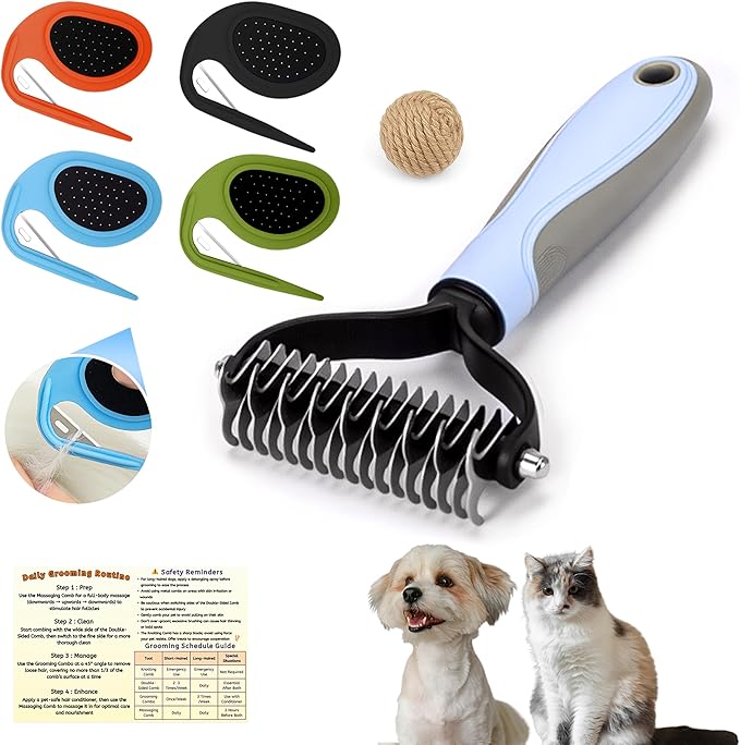 Cat & Dog Grooming Kit - Matted Fur Remover for Cats, Includes 4 Knotting Combs & 1 Pet Grooming Brush, Safe Cat Grooming Comb Set for Detangling