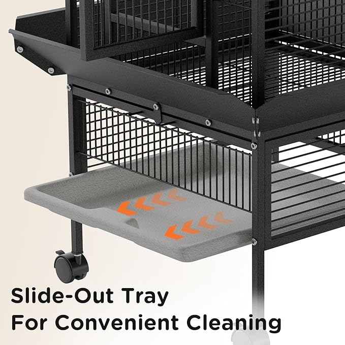 60 inch Large Bird Cage with Rolling Stand, Metal Parrot Cage with Play Top & 4 Stainless Steel Bowls, Birdcage Pet House for Conure Cockatiel Parakeet Lovebird, Black