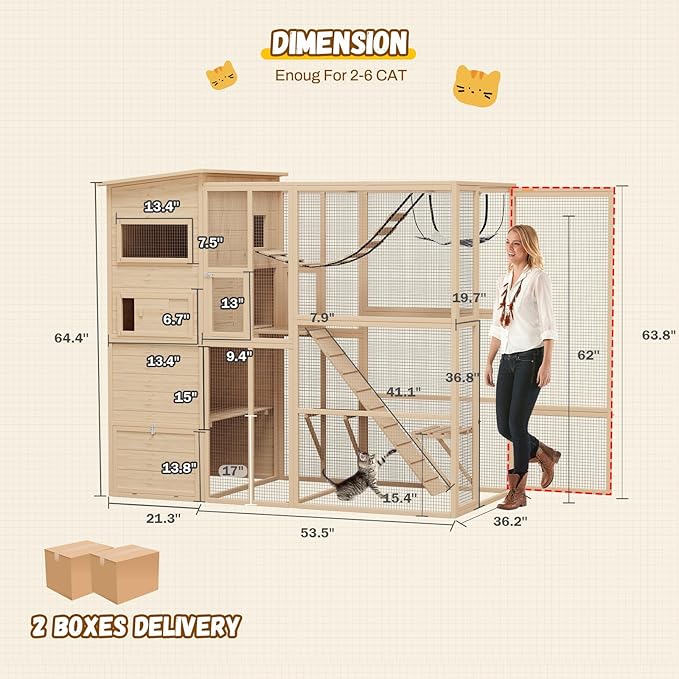 Large 4-Tier Outdoor Cat Enclosure Walk-in Catio with Weatherproof Solid Wood House, Connect to Window, 4 Platforms, 4 Private Resting Rooms & Bridge, for Multiple Cats (Natural)