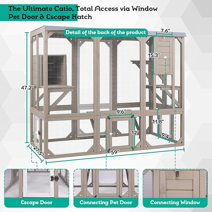 Large Catio Outdoor Cat Enclosure Window Access, Wooden Kitty Cage with Resting Room & 3 Platforms for Multiple Feral Cats, Cat House Attached to Window, Pet's Door for Patio Indoor