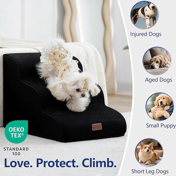 gogobunny Ramp Cat Dog Stairs for Beds, Cat Slope Stairs with Durable Waterproof Fabric Cover, Pet Steps for Old Large Dogs Climbing (Black, 4-Step (28.3" D x 15.7" W x 19.7" H), 4)