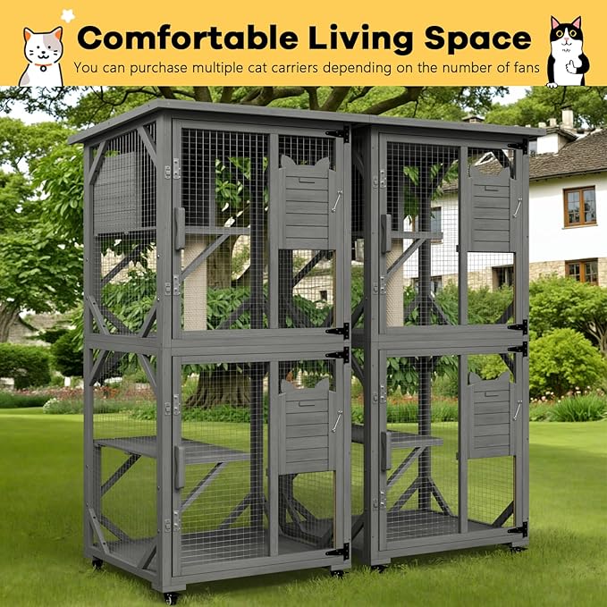 OFIKA Outdoor Catio Cat Enclosure with Waterproof Roof,Platforms,Upgraded Resting Box, 70.4’’cat Houses & Condos on Wheels for Outdoor Patio,Cat Window Box,Scratching Post（Grey0）