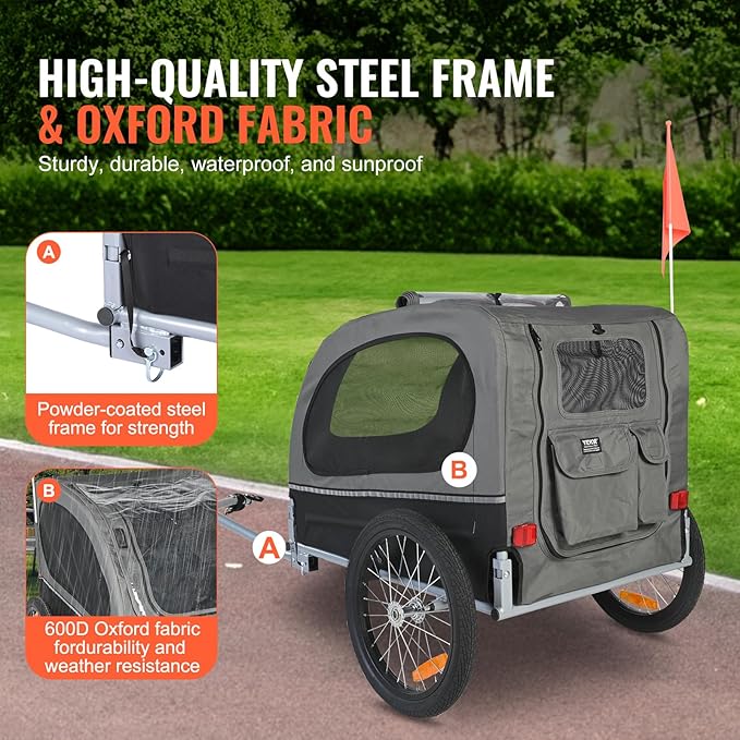 VEVOR Dog Bike Trailer, Supports up to 88 lbs, Pet Cart Bicycle Carrier, Easy Folding Frame with Quick Release Wheels, Universal Bicycle Coupler, Reflectors, Flag, Collapsible to Store