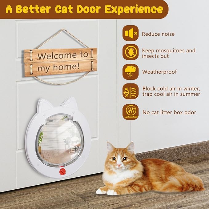 Cat Door with 4 Way Lock, Cats Doors for Interior Exterior Gate, Weatherproof Magnetic Pet Door for Cats and Small Dogs, Cat Flap Doors, Easy to Install, 7.5" x 7.5" Inner Frame (White)